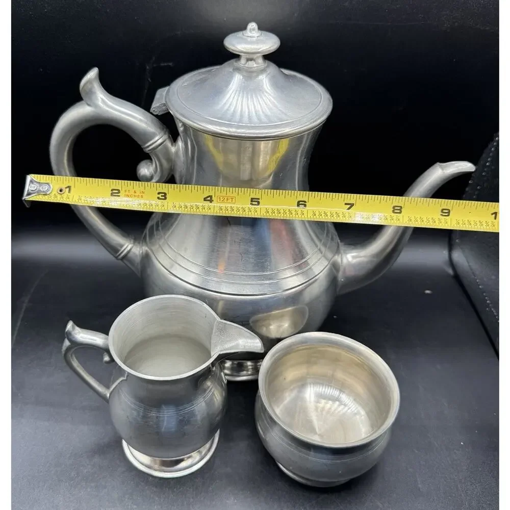 Vintage Woodbury Pewter 3 Piece Teapot Cream and Open Sugar Bowl USA EUC